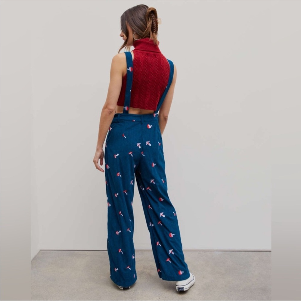 Cider Navy Blue Mushroom Embroidered Corduroy Overalls Jumpsuit - Picture 2 of 13
